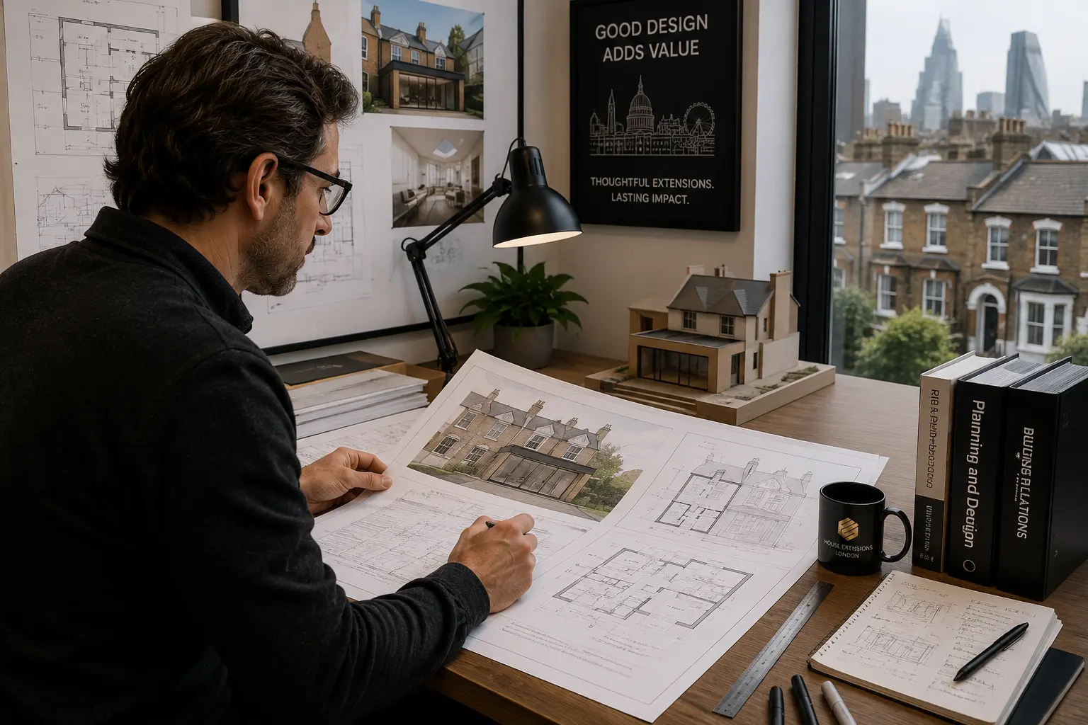 Architect reviewing planning drawings for a residential extension in London