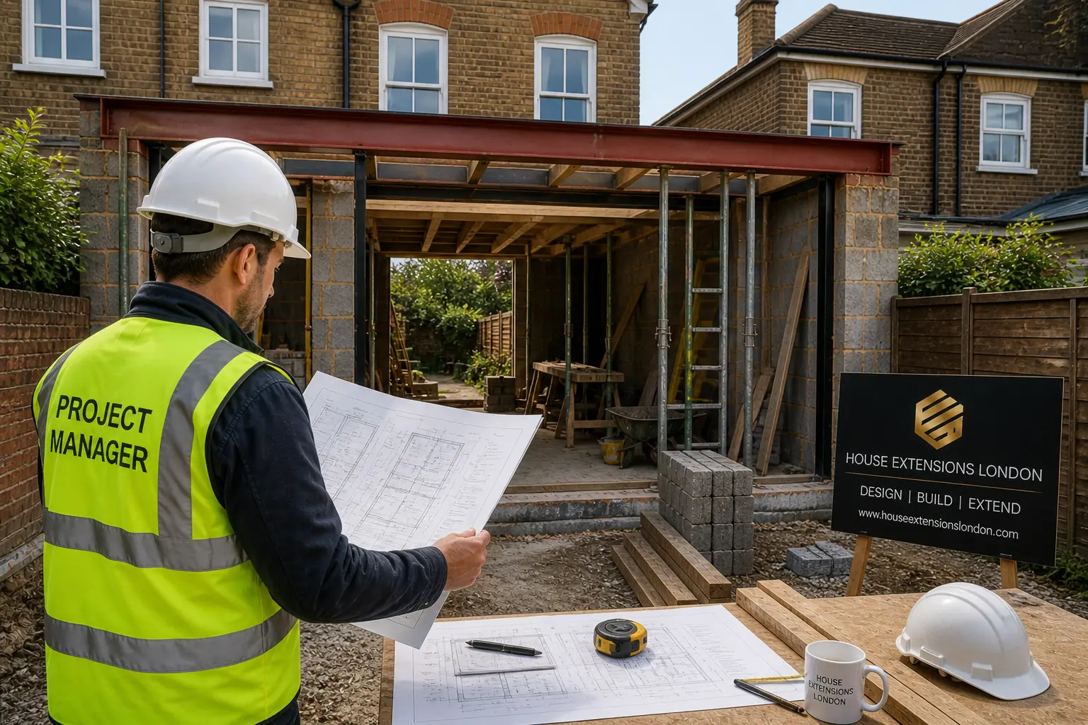 Project manager reviewing London home extension blueprint