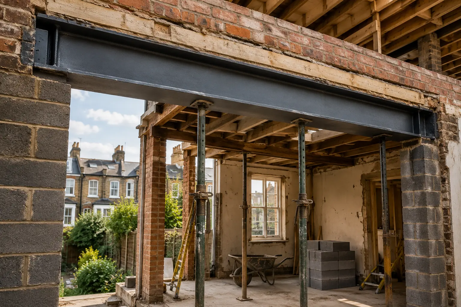 Steel beam installed to support a house extension under construction in London