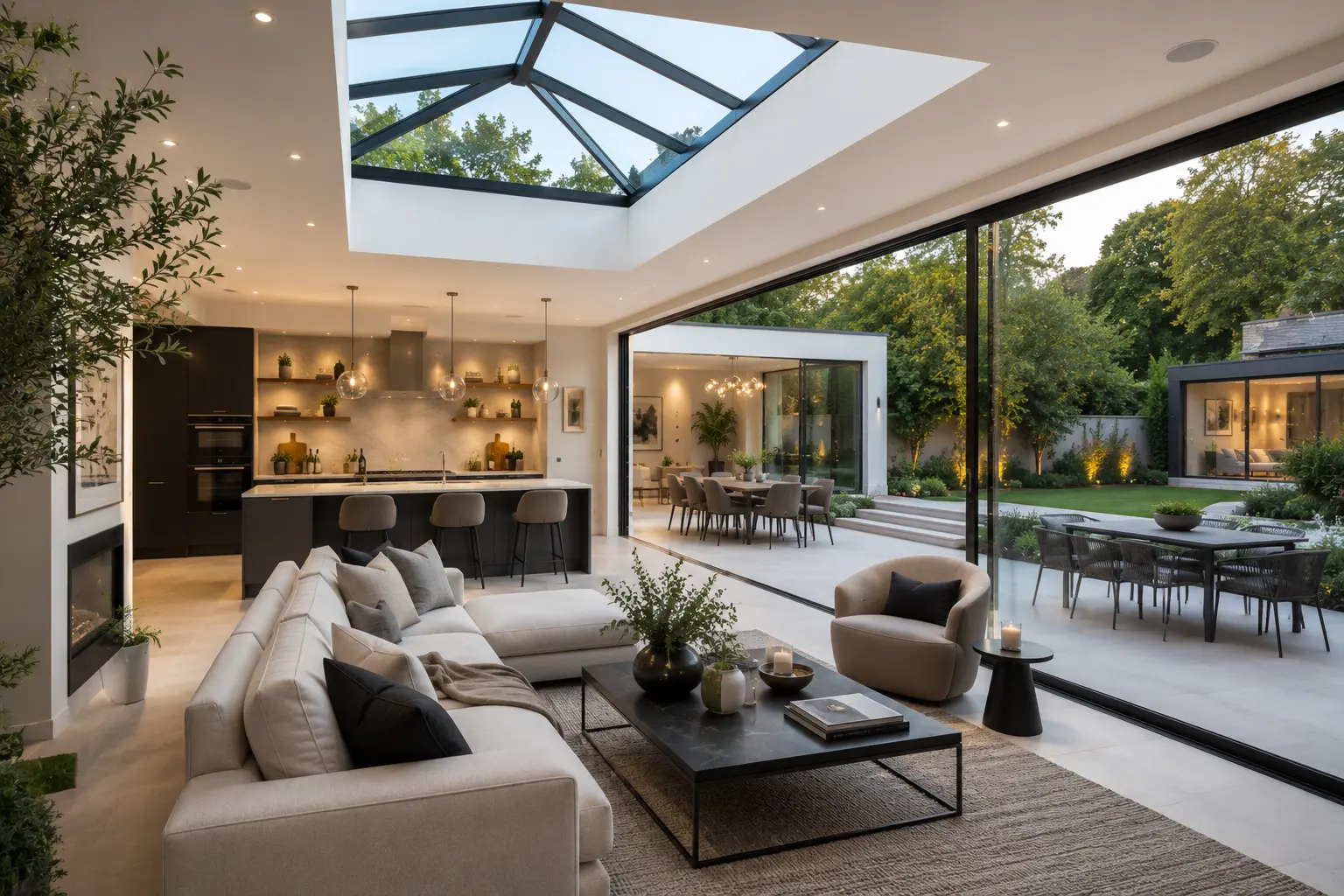 Premium Central London side-return extension with glazed roof lantern and open-plan living space