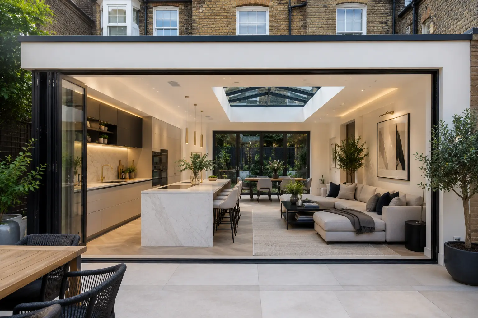 Luxury wraparound rear extension in Central London with floor-to-ceiling glass walls