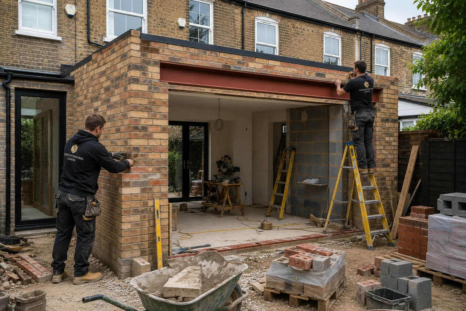 Workers constructing a brick kitchen extension on a London terrace home