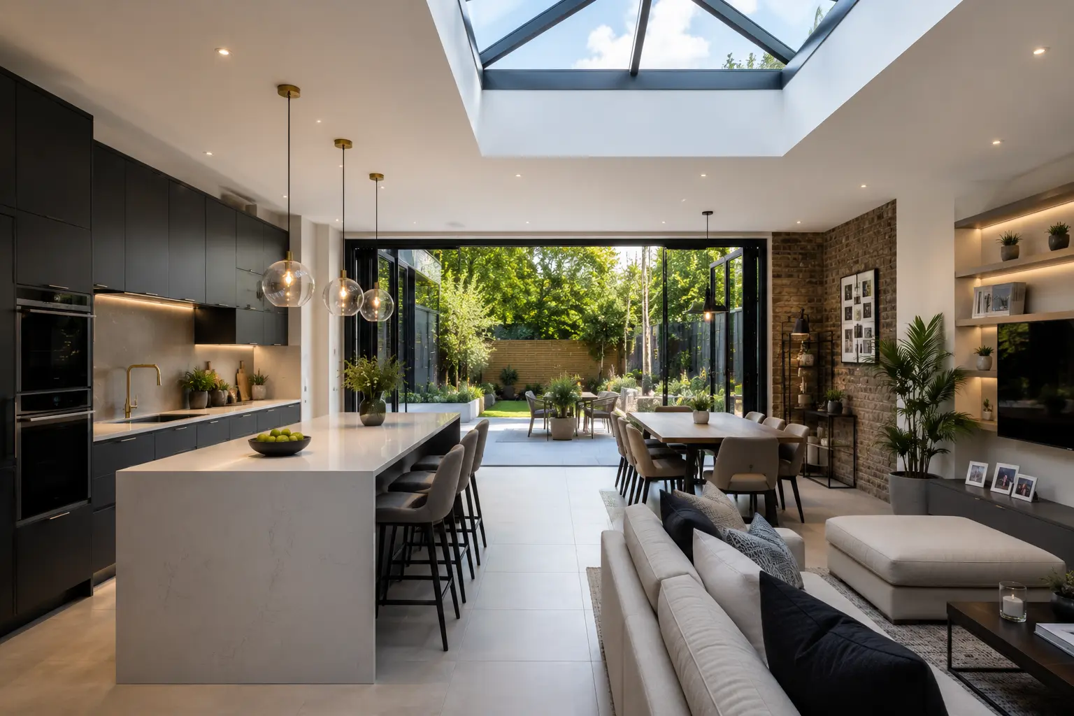 Modern open-plan kitchen extension in London with rooflight