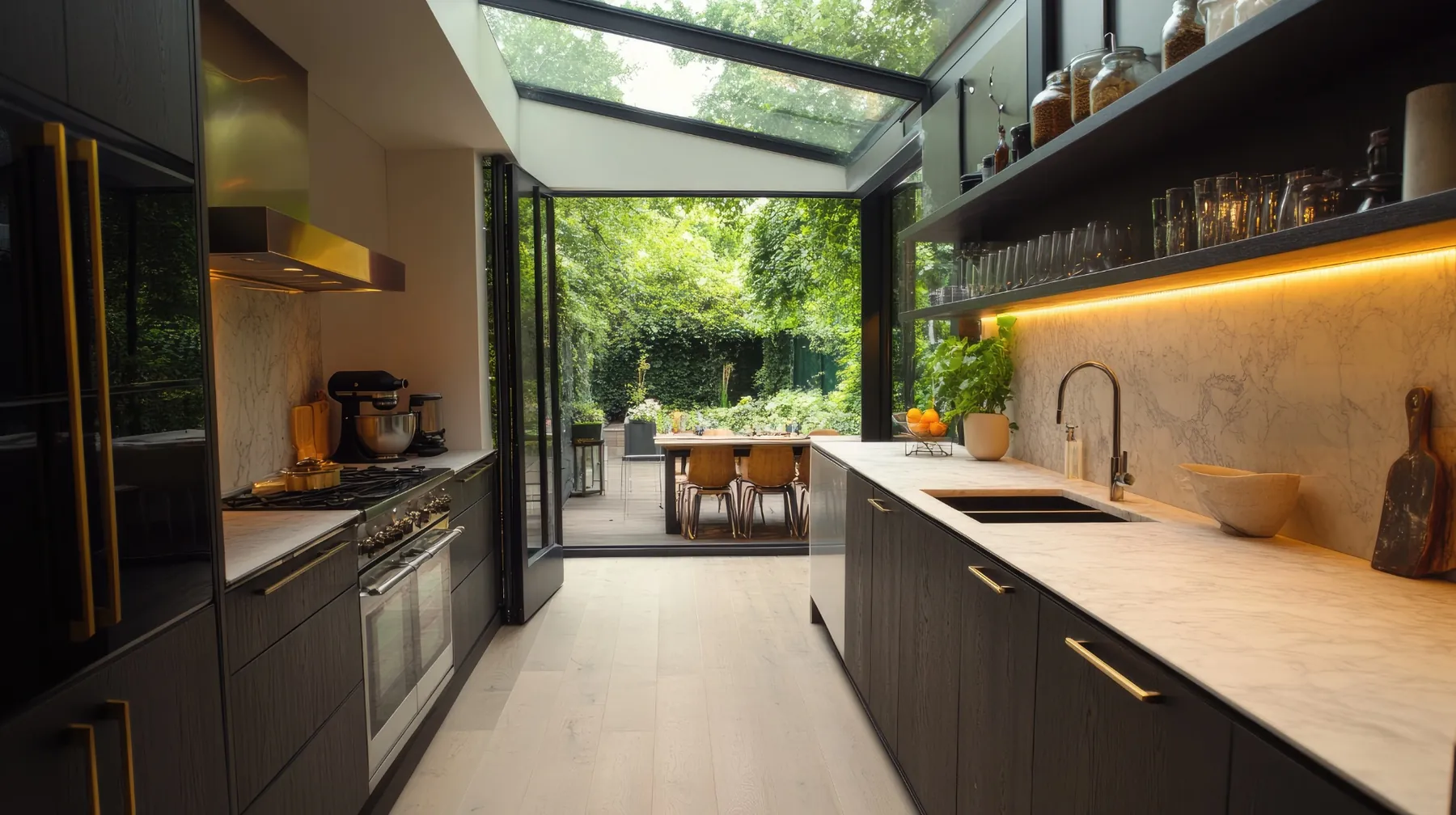 Modern kitchen extension in London with garden view