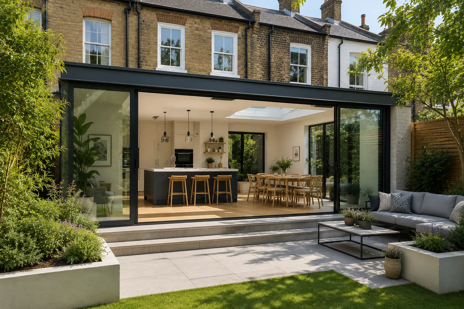 Contemporary London home with a glass rear kitchen extension flooded with natural light