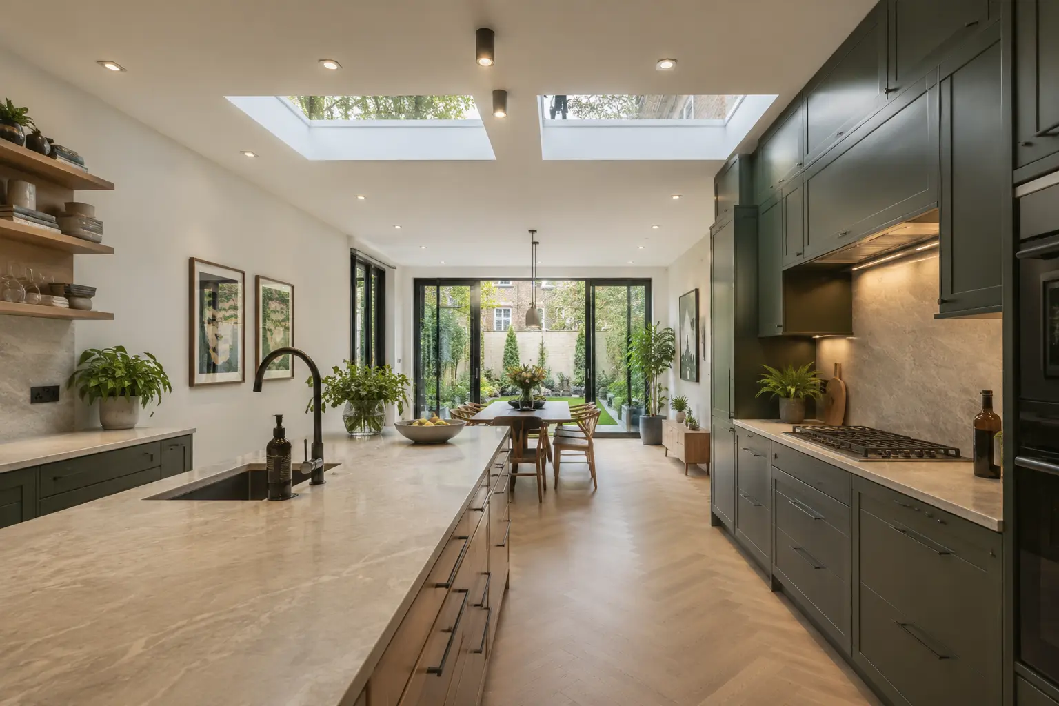 Side return kitchen extension in North London with premium cabinetry, rooflights and full-height glazed doors to the garden