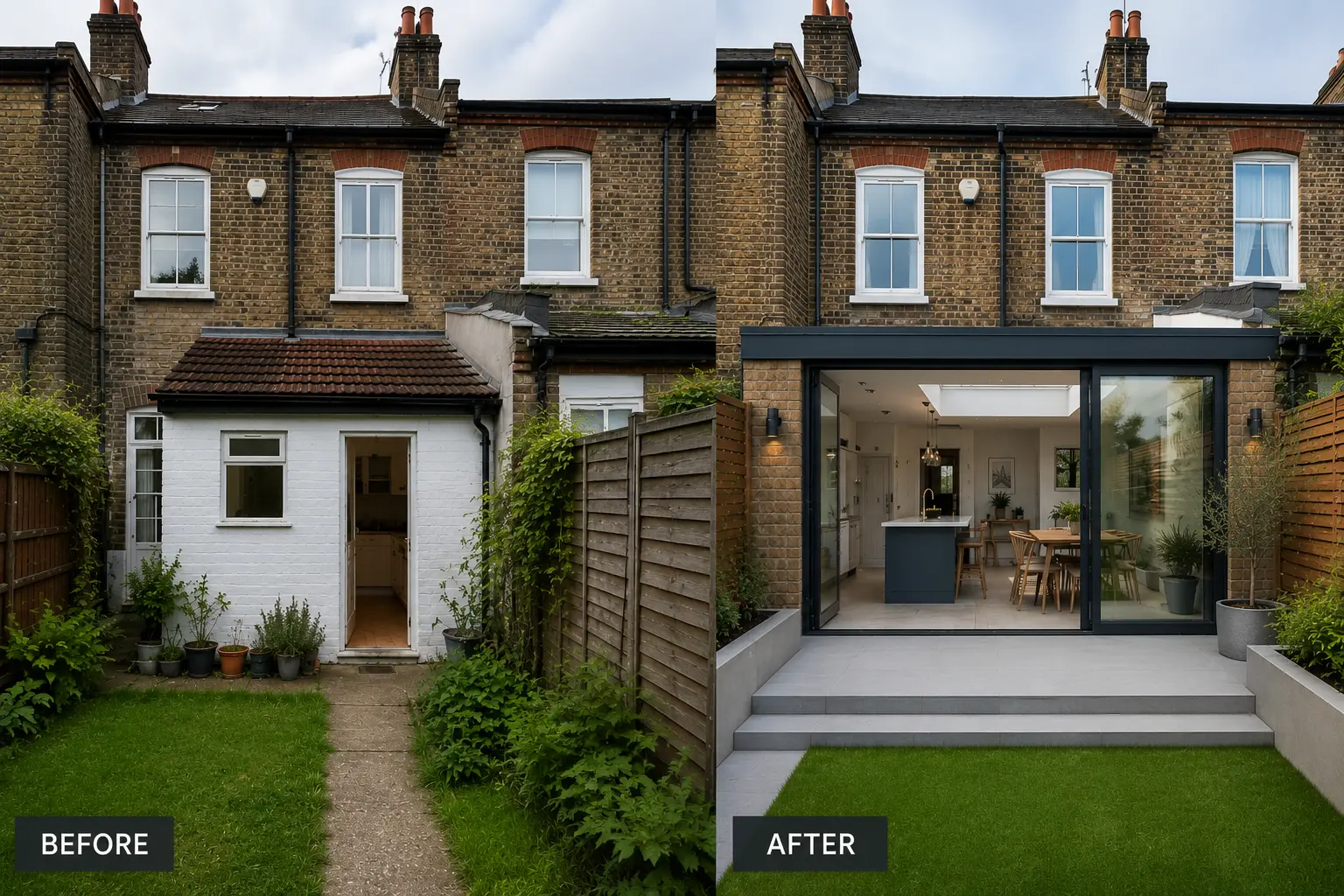 Before-and-after exterior photos of a London terraced house transformed by a modern rear extension