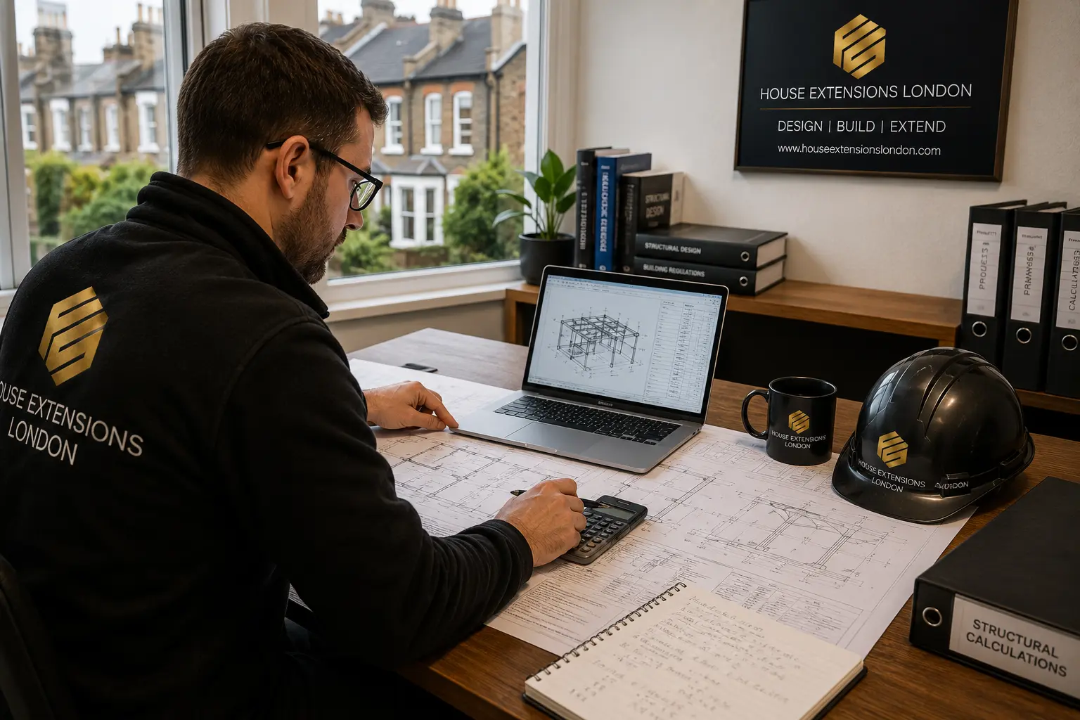 Structural engineer reviewing building plans and calculations for a London home extension