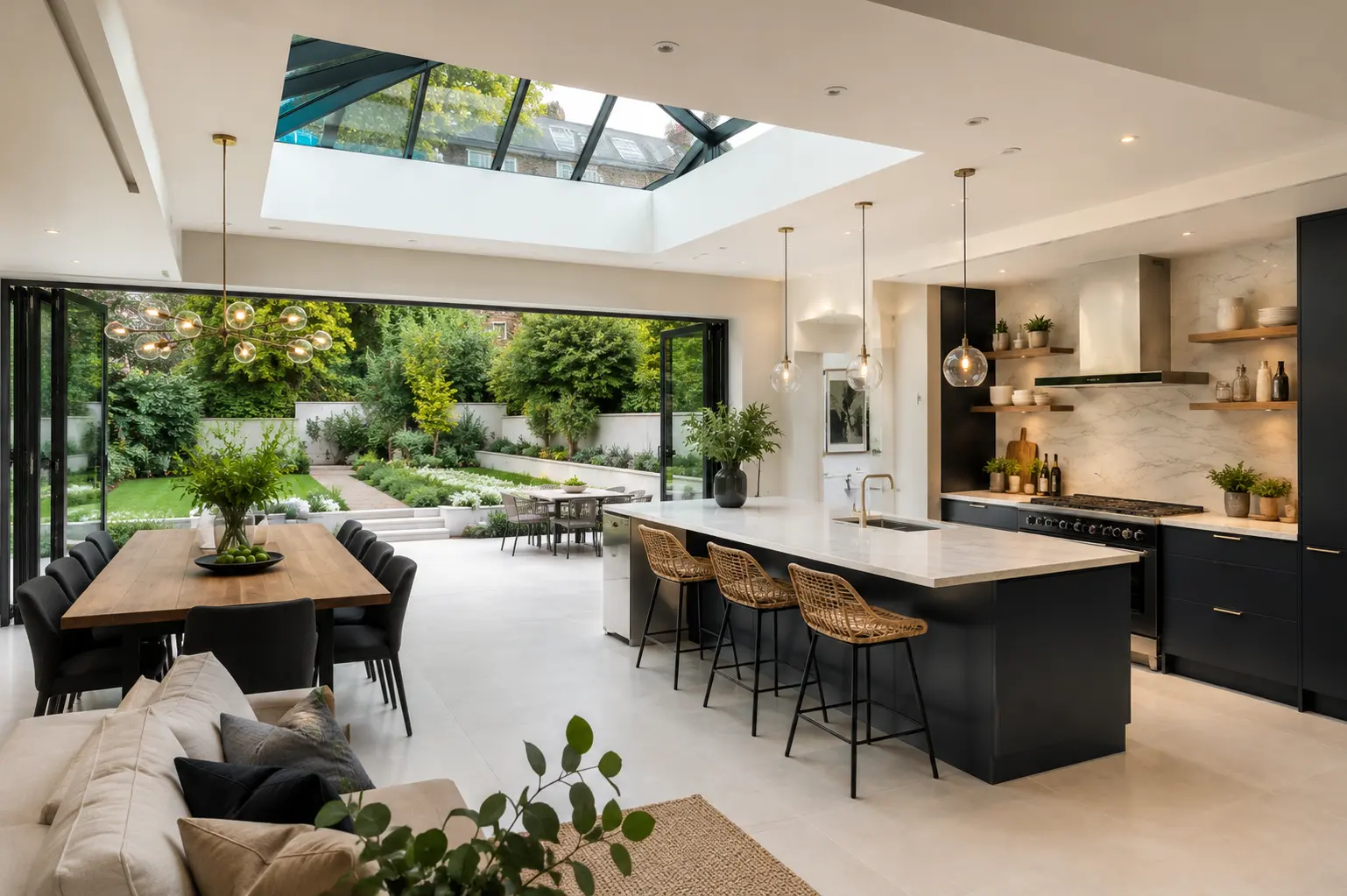 Open-plan West London kitchen extension with skylight and modern finish