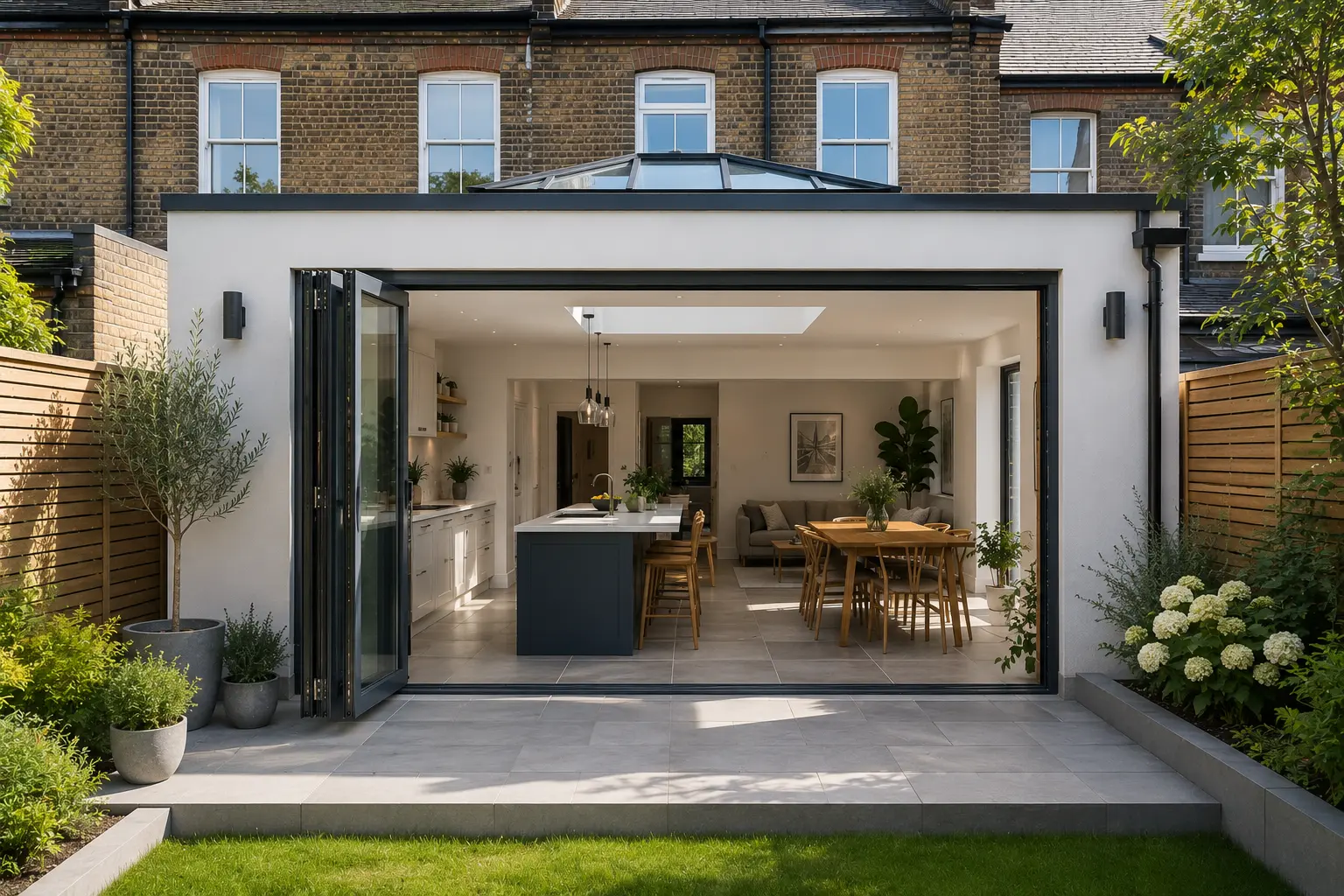 Exterior of a London home’s single-storey rear extension with white rendered walls, bifold doors, and roof lantern