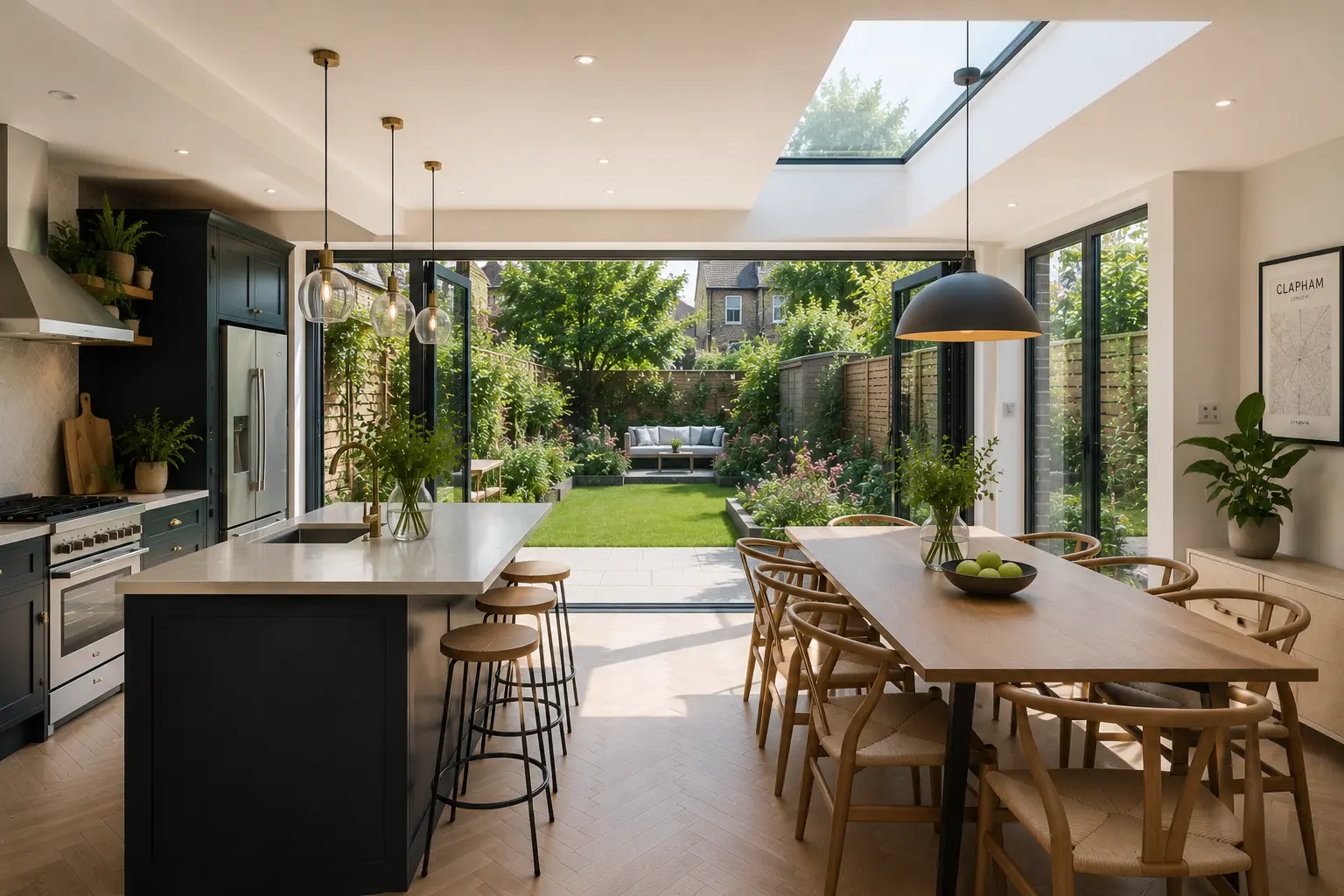 Bright L-shaped kitchen and living space under skylights in London extension