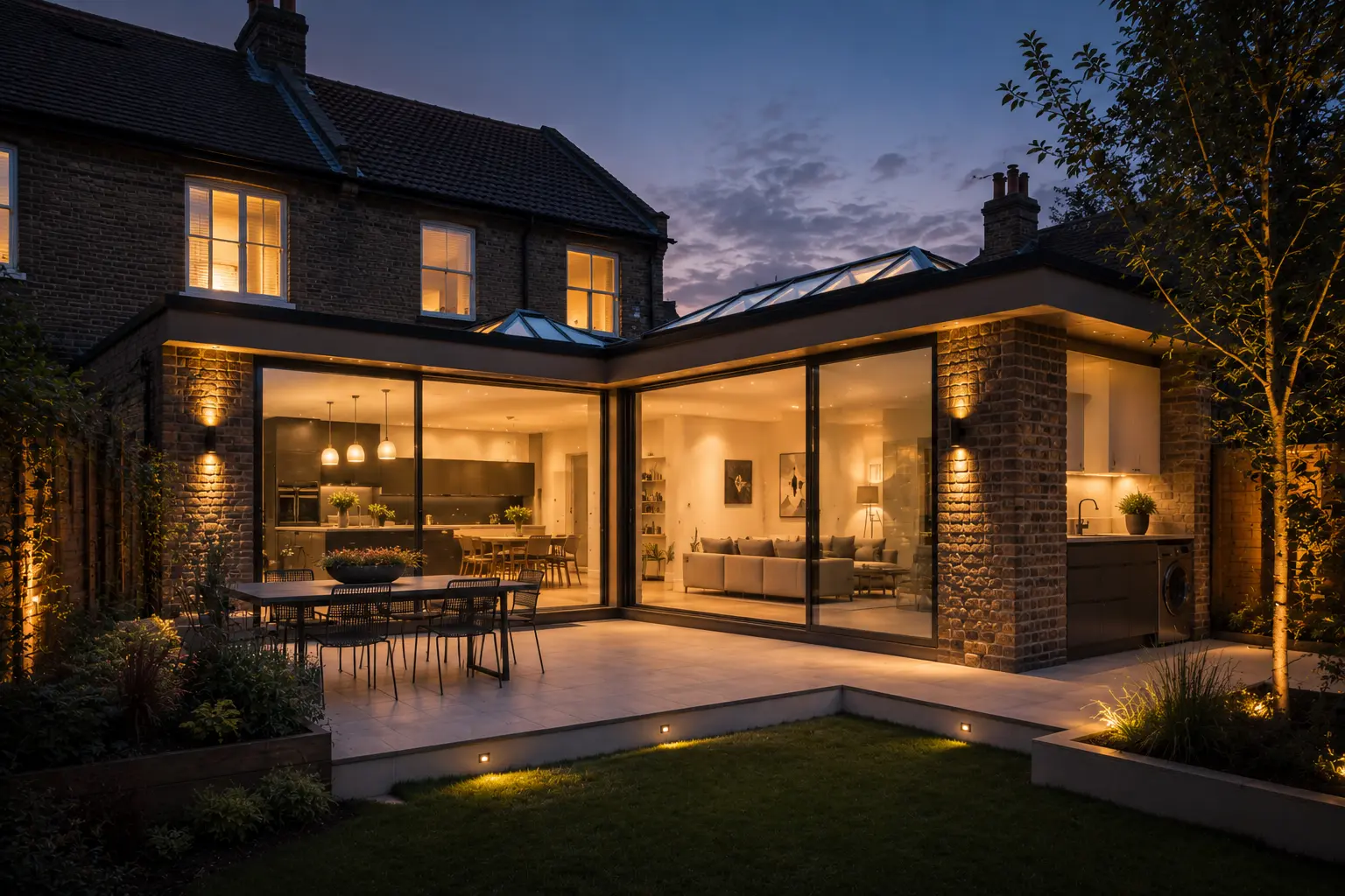 Wraparound extension in South London at dusk with open-plan kitchen, roof glazing and garden-facing sliding doors